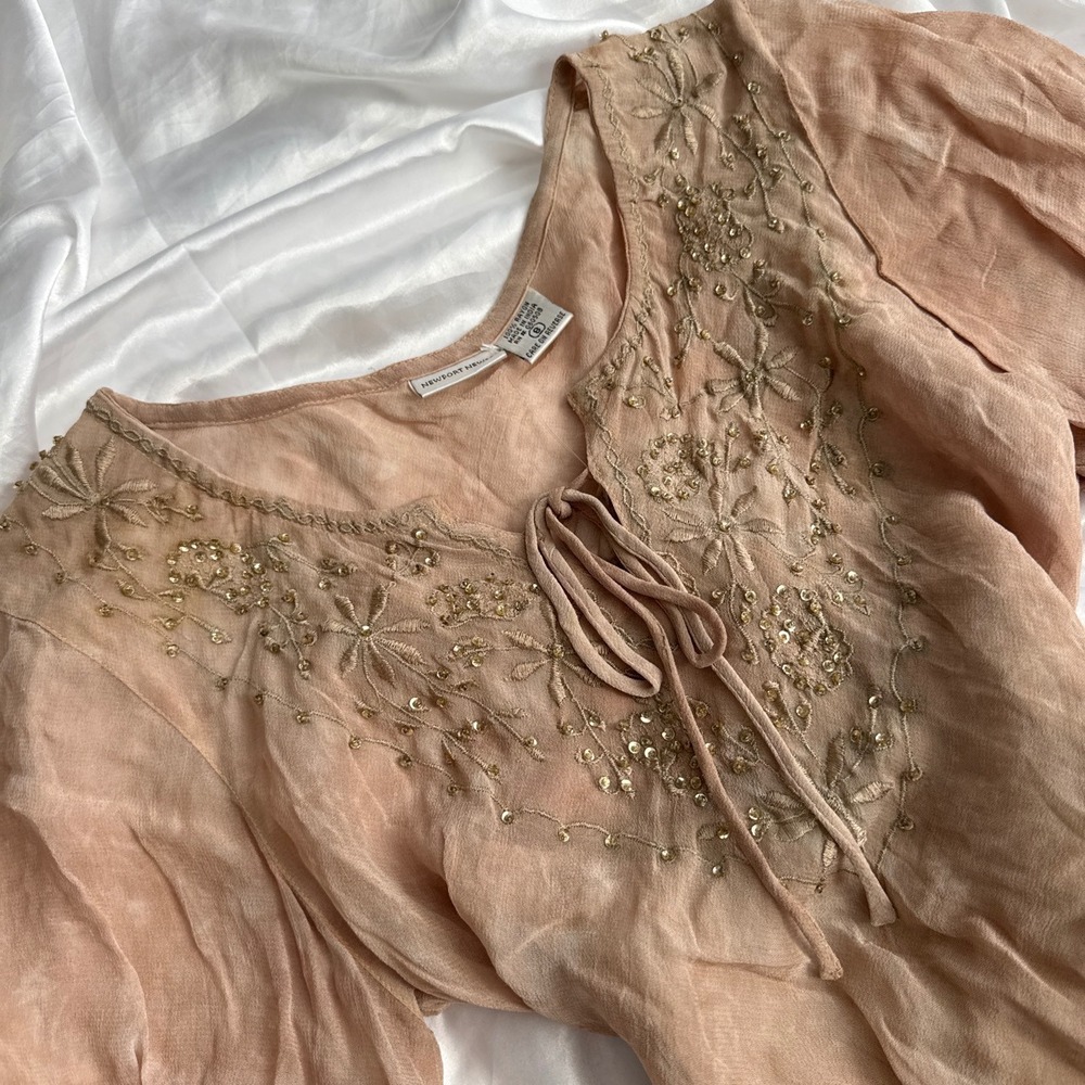 Newport News Boho Tie Dye Embroidered Sequin Bell Sleeve Peasant Blouse Peach 8 - Picture 3 of 6